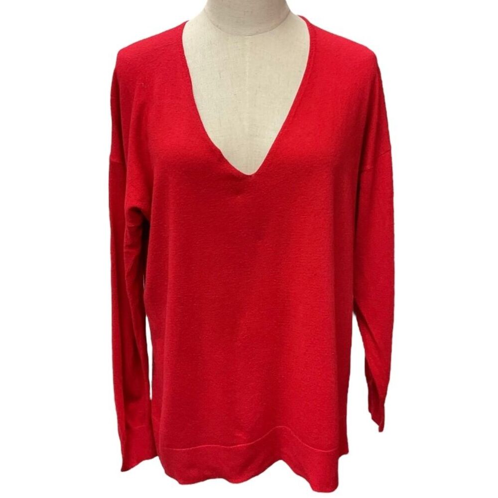 MNG Mango Women's Fine Knit Pullover Sweater Red Size XL V-Neck Long Sleeve Cozy